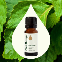 Plant Therapy Patchouli oil label highlights purity and safety through quality controls.