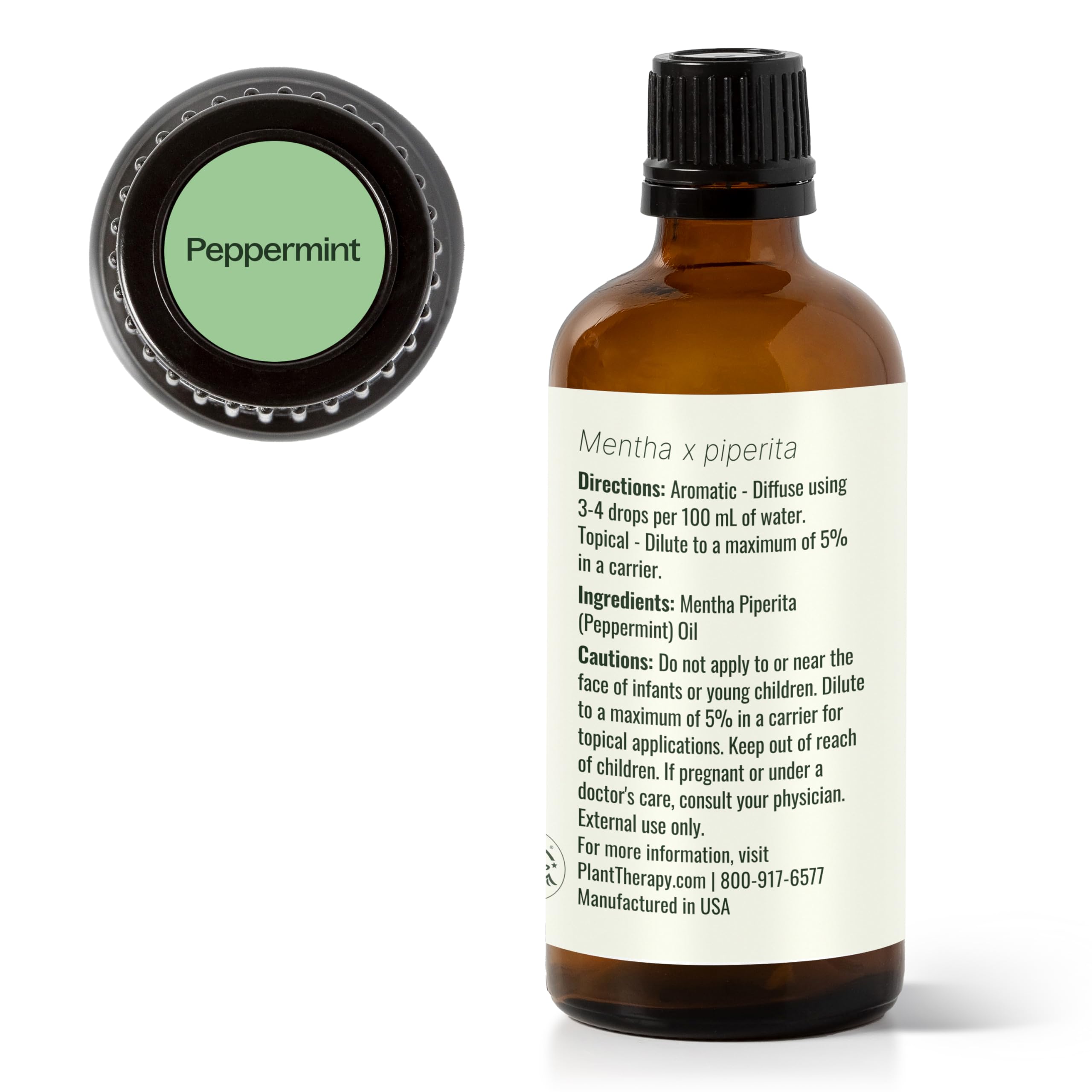 Peppermint oil label details from Plant Therapy packaging emphasize safety and info.