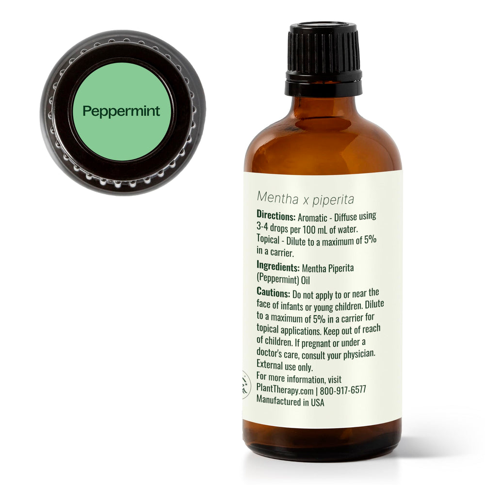 Peppermint oil label details from Plant Therapy packaging emphasize safety and info.