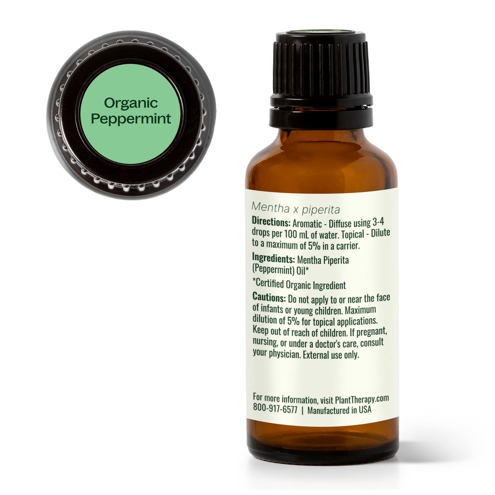 Packaging of Plant Therapy peppermint oil showing USDA Organic label