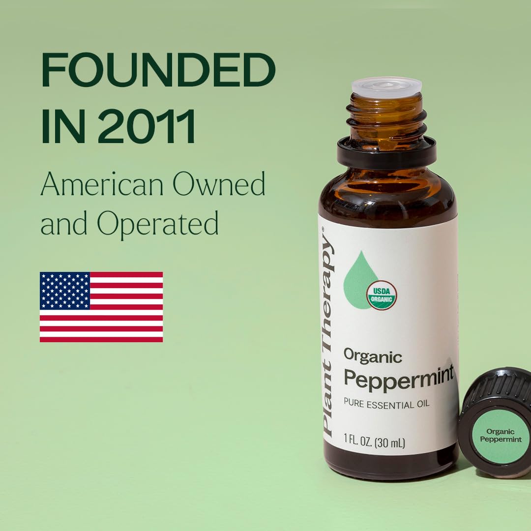 Plant Therapy peppermint oil packaging emphasizes USDA Organic quality.