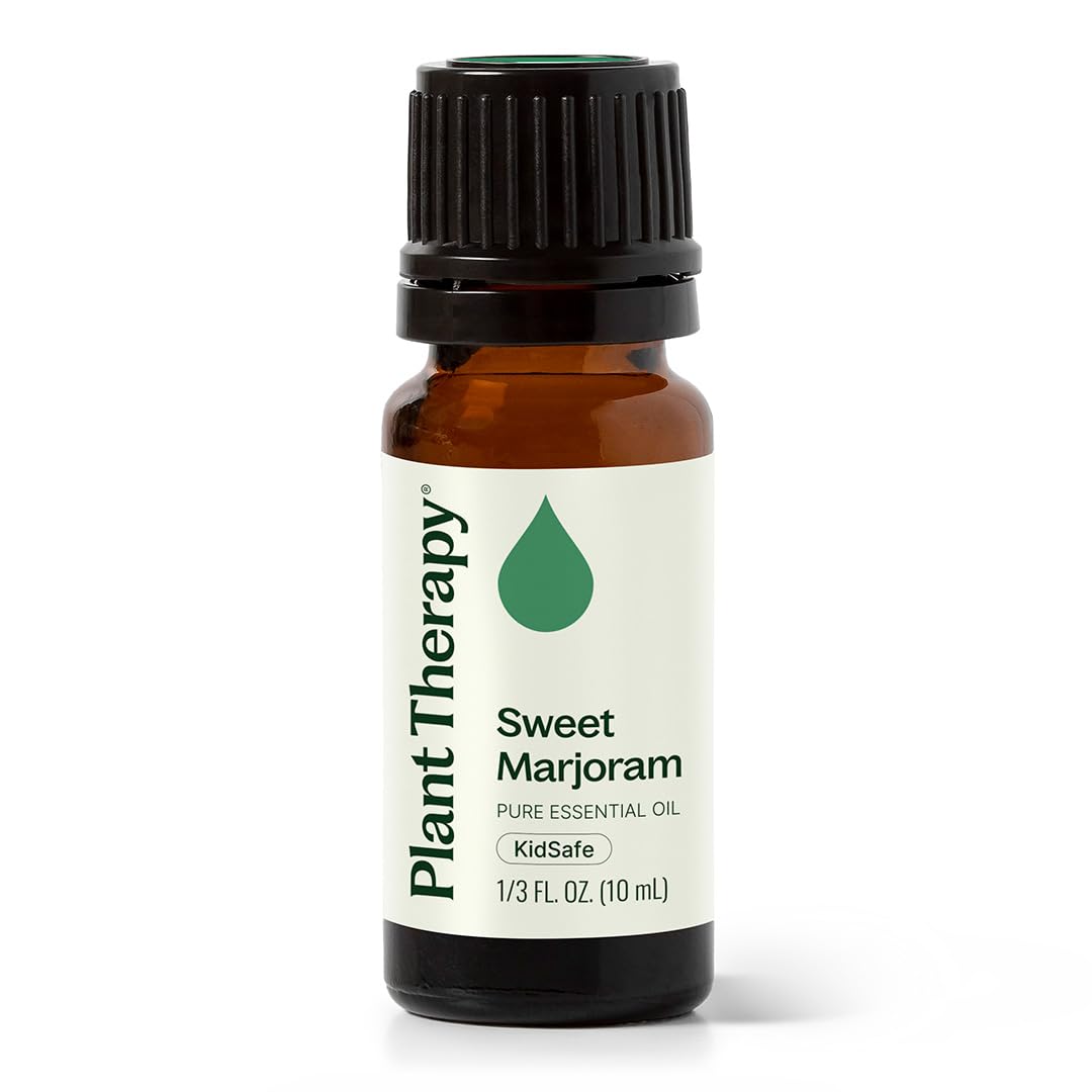 Plant Therapy Sweet Marjoram oil bottle for calming aromatherapy.