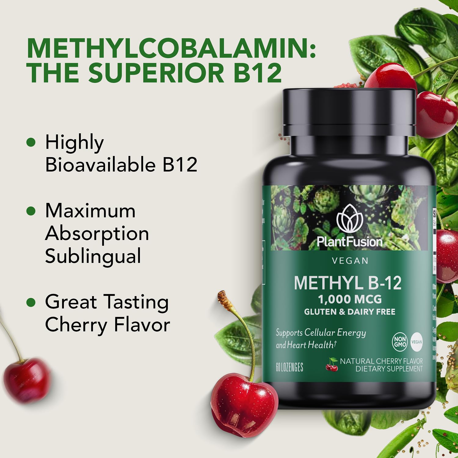 Cherry-flavored PlantFusion B12 methyl lozenge highlighting taste and ease of use.
