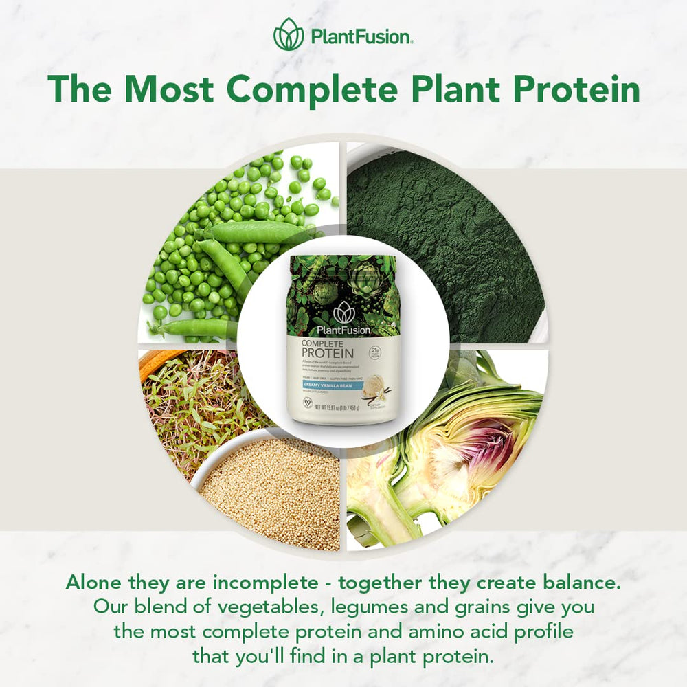 PlantFusion complete vegan protein powder shown for baking and recipes.