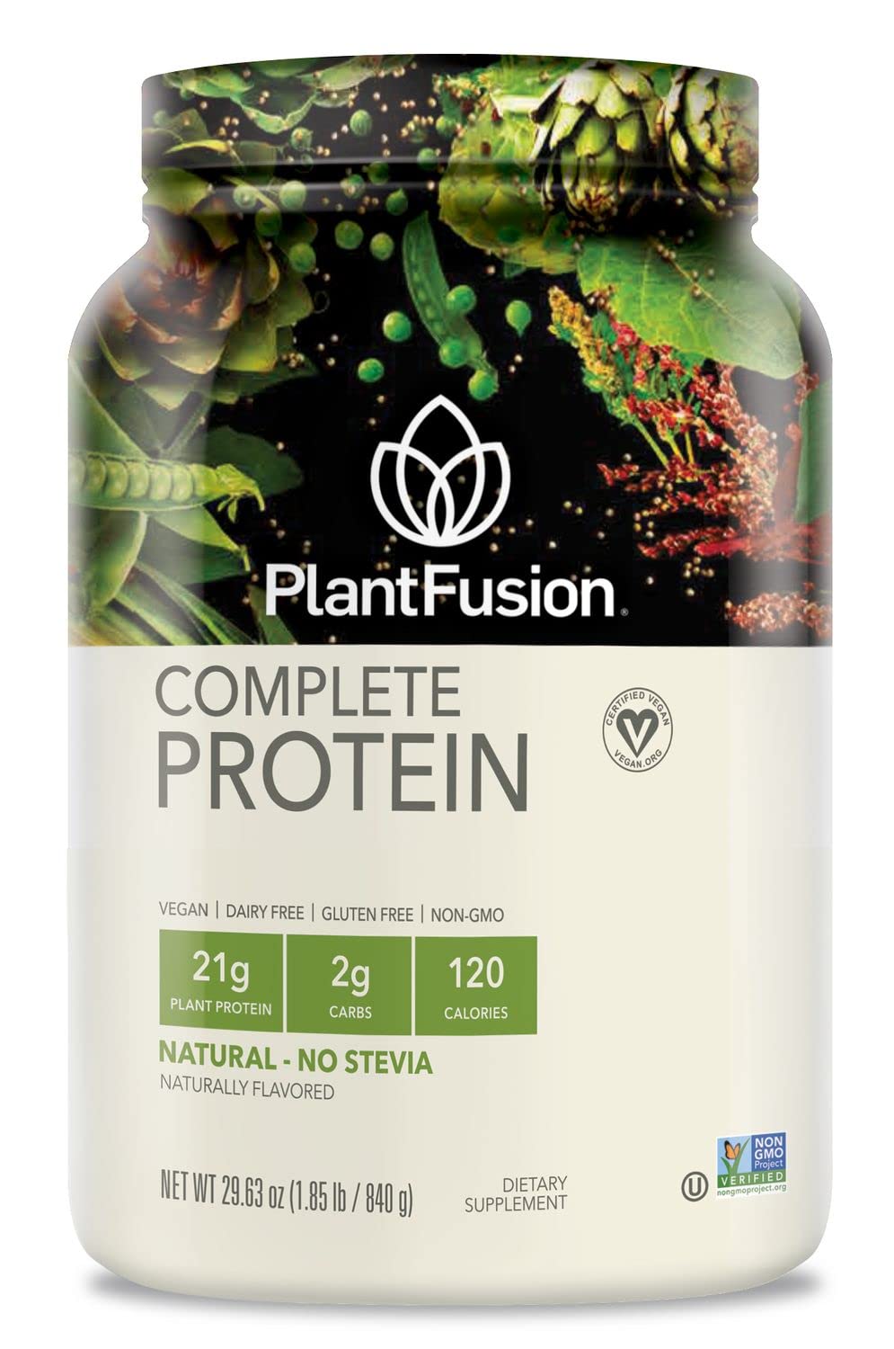 PlantFusion Complete Vegan Protein Powder container showing clean ingredients and protein-packed serving.