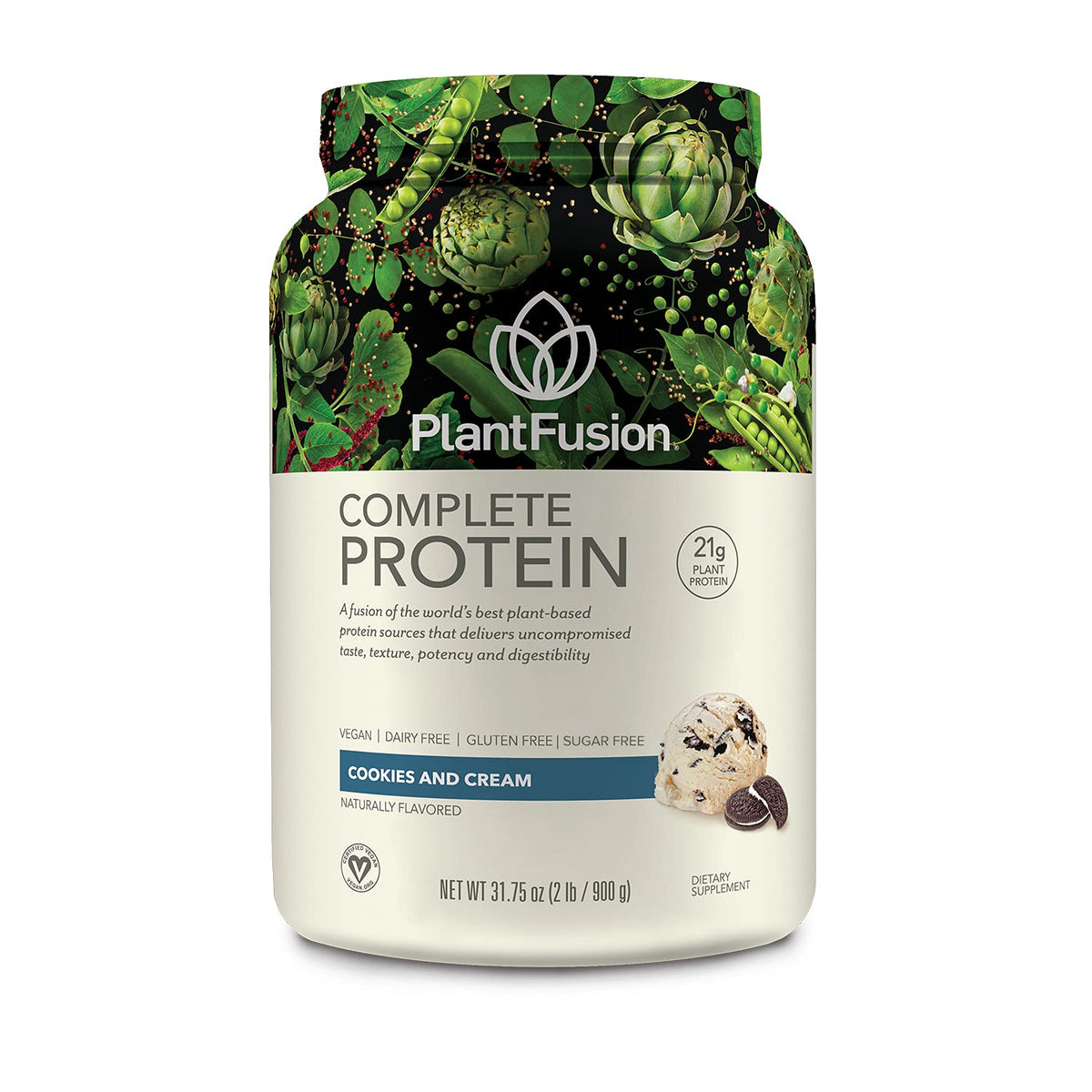 PlantFusion Complete Vegan Protein Cookies and Cream 2 lb tub front view for a clean protein source