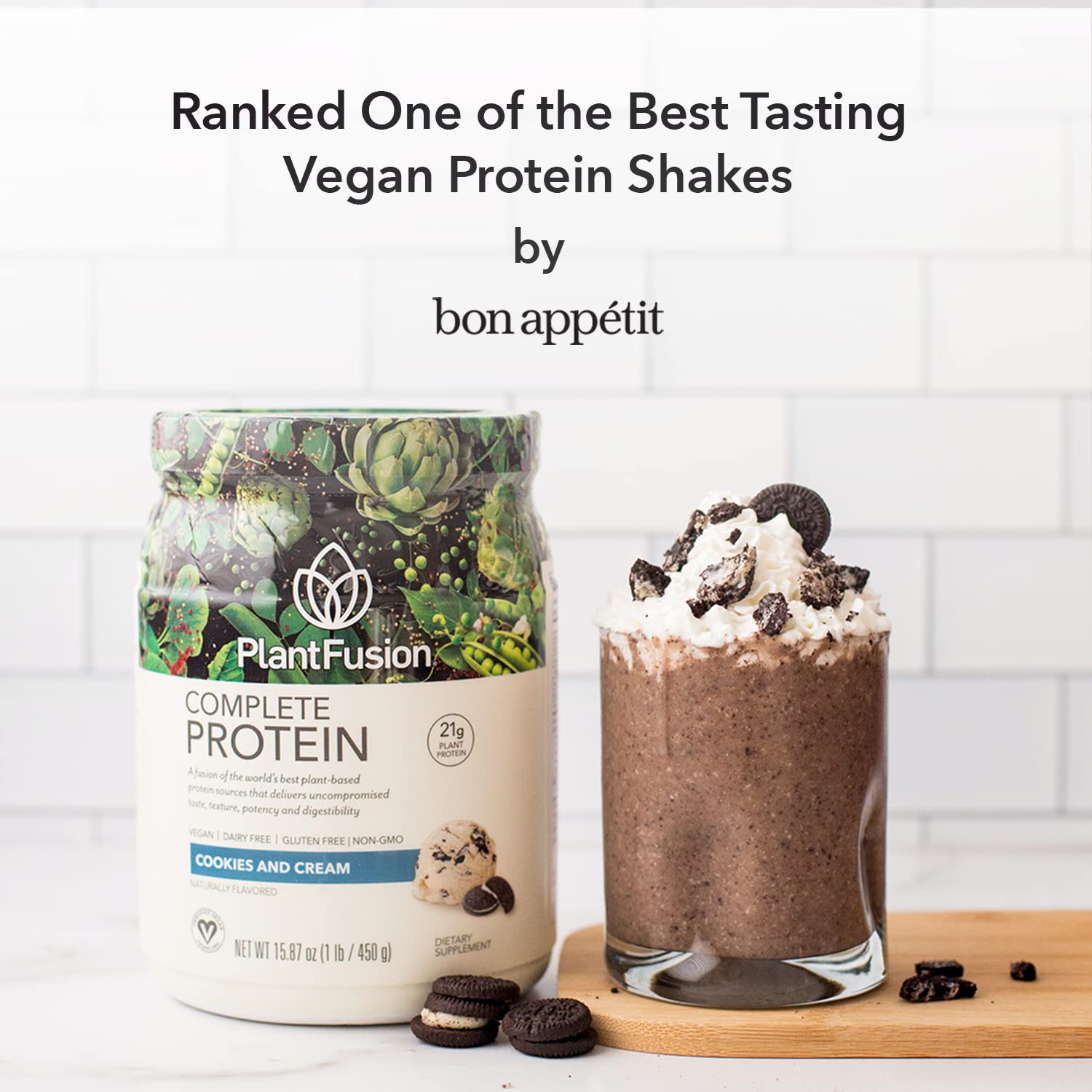 PlantFusion Complete Vegan Protein Cookies and Cream open tub with scoop for easy daily protein