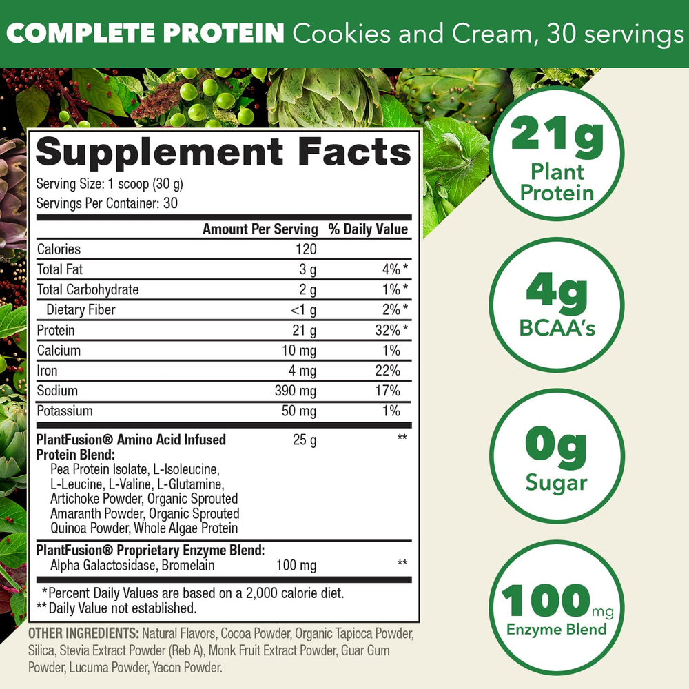 PlantFusion Complete Vegan Protein Cookies and Cream tub side view highlights plant-based protein options for smoothies