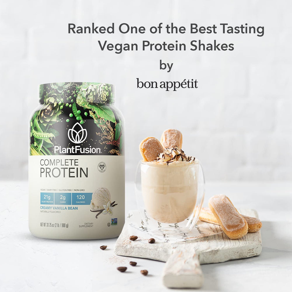 PlantFusion Complete Vegan Protein Powder bowl with ingredients; supports baking and smoothie use.