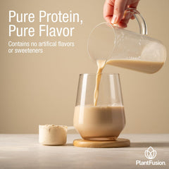 PlantFusion Complete vegan protein powder dispensing cap enabling mess-free measuring.