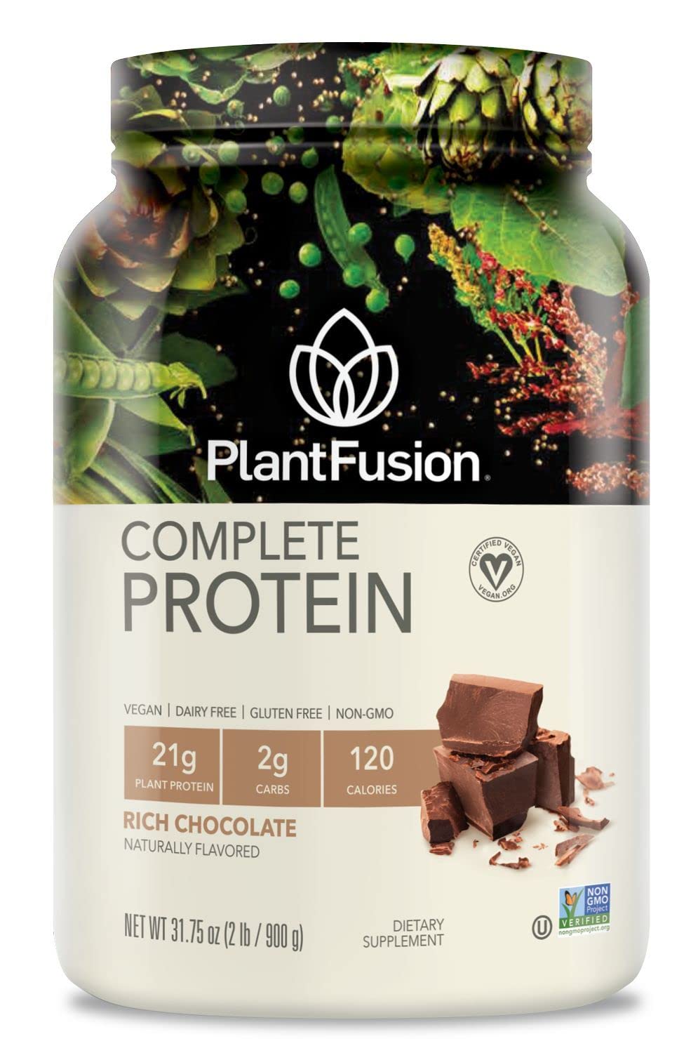 PlantFusion complete vegan protein powder tub with 21g protein per serving.