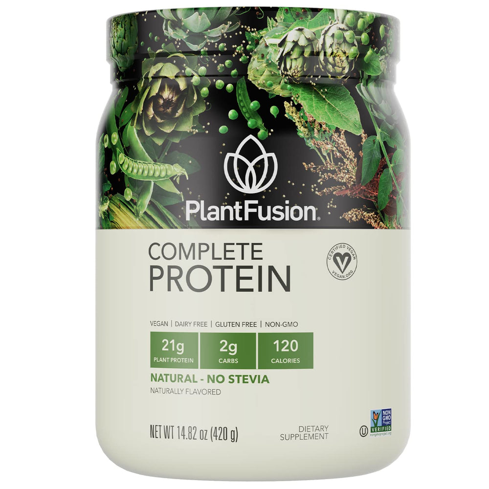 PlantFusion complete vegan protein powder tub; supports daily protein intake for active lifestyles.