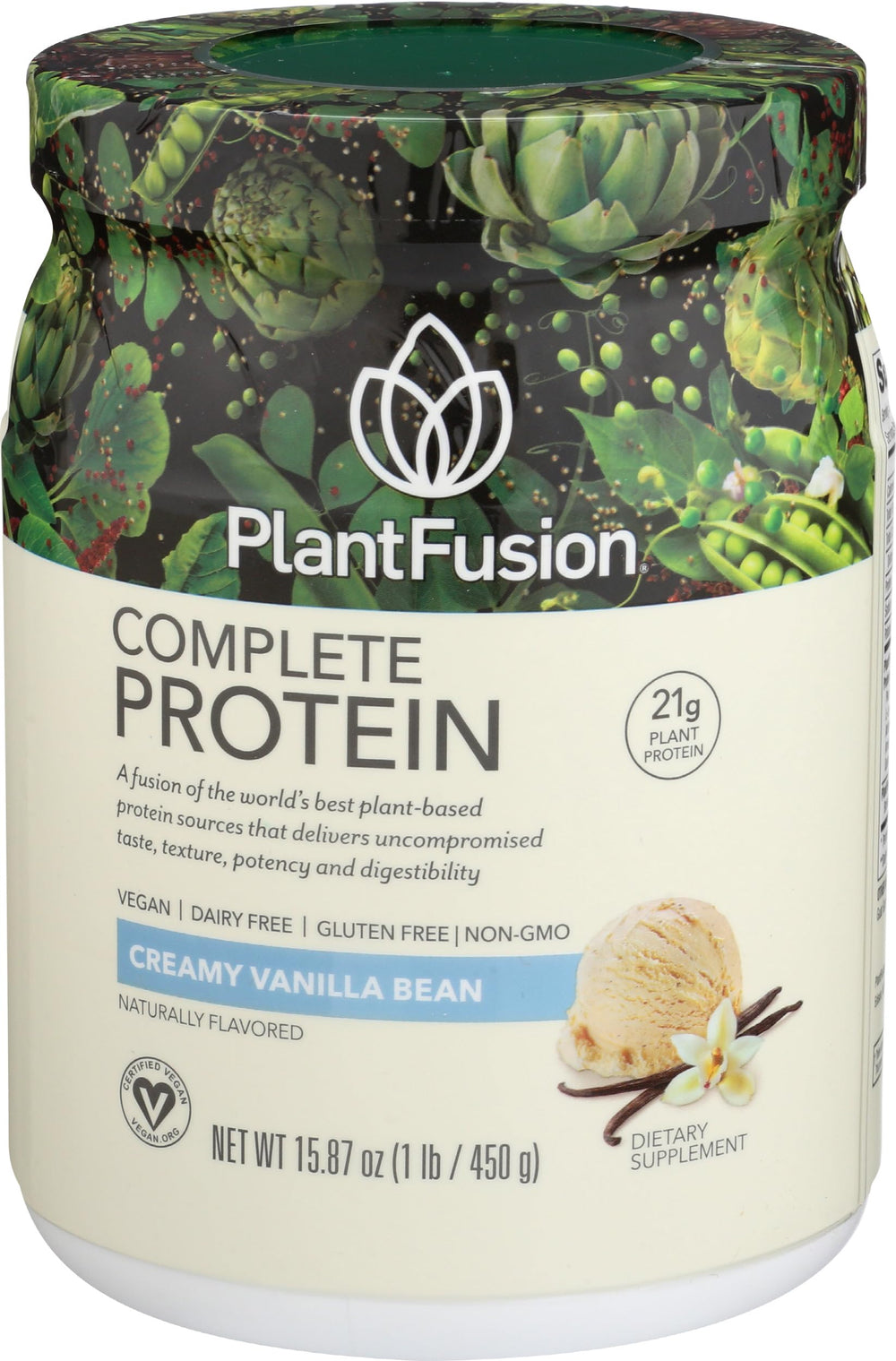 PlantFusion vanilla bean tub showing complete vegan protein for versatile meals.