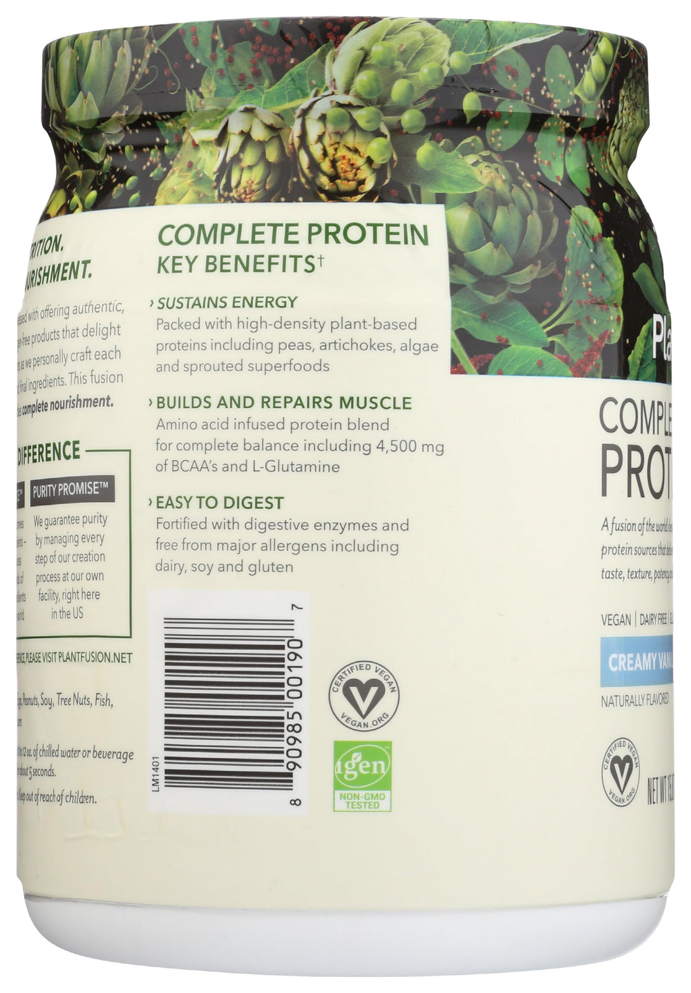 Label on PlantFusion highlighting gluten-free, dairy-free, soy-free and no sugar.