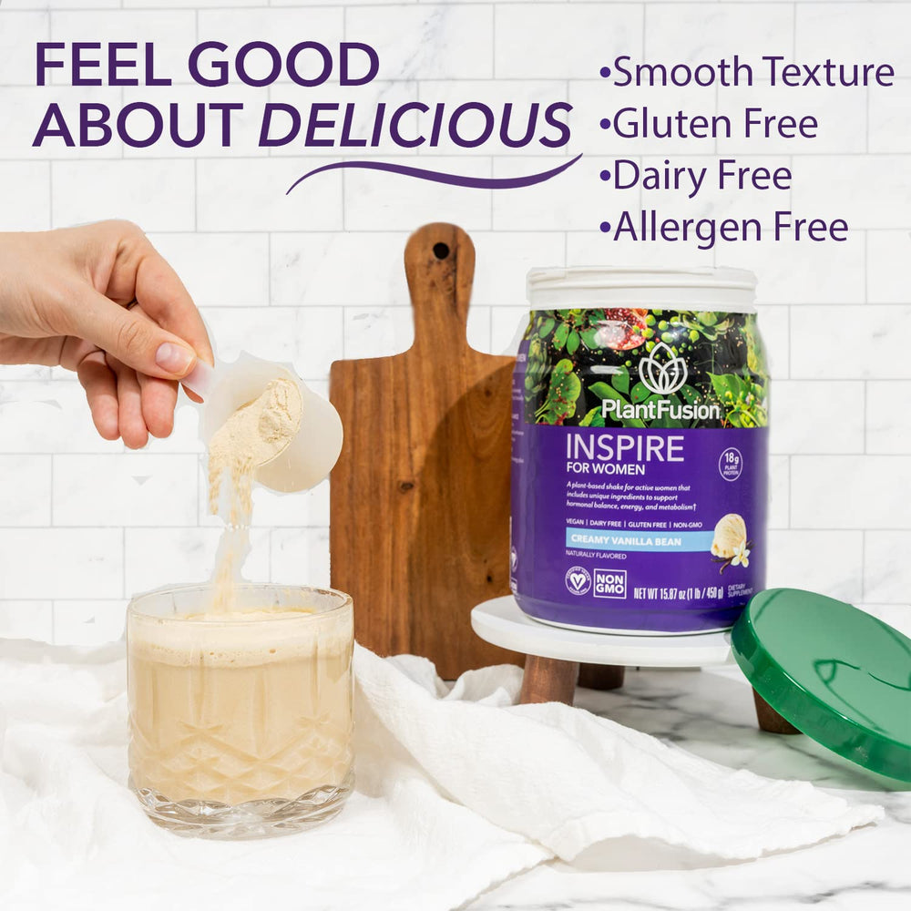 PlantFusion Inspire bottle close-up, highlighting gluten-free and dairy-free formula.
