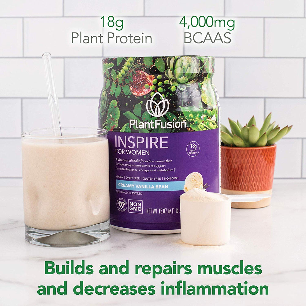 PlantFusion Inspire ingredients glass emphasizing vegan protein blend.