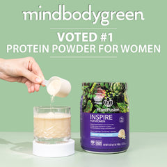 PlantFusion Inspire rich chocolate powder ready for a quick post-workout shake.