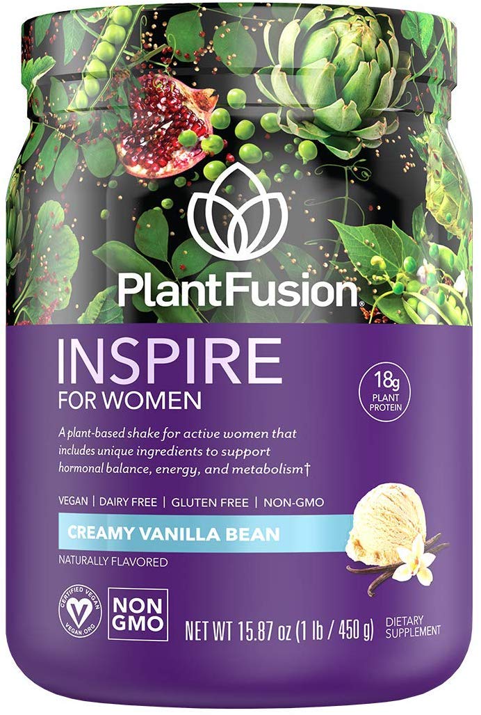 PlantFusion Inspire Women bottle shows protein for lean muscle support and daily wellness