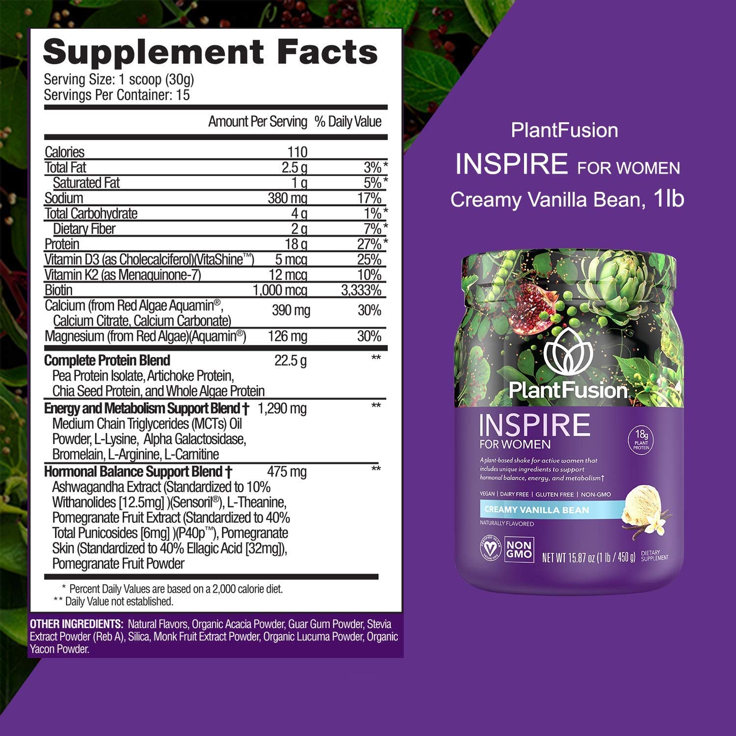 PlantFusion Inspire Women label confirms gluten-free, dairy-free, soy-free, and non-GMO ingredients