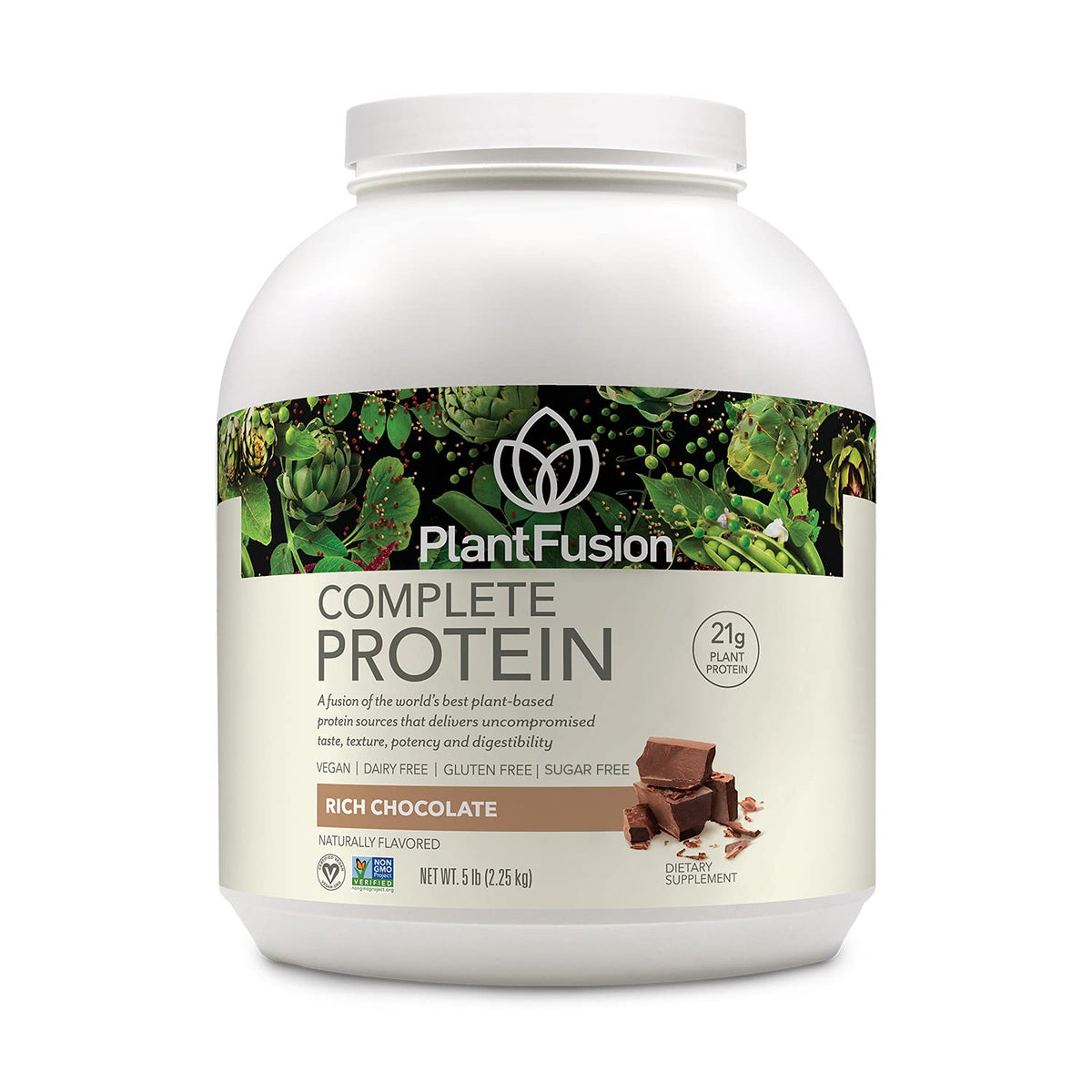 PlantFusion Rich Chocolate protein tub for post-workout vegan nutrition.