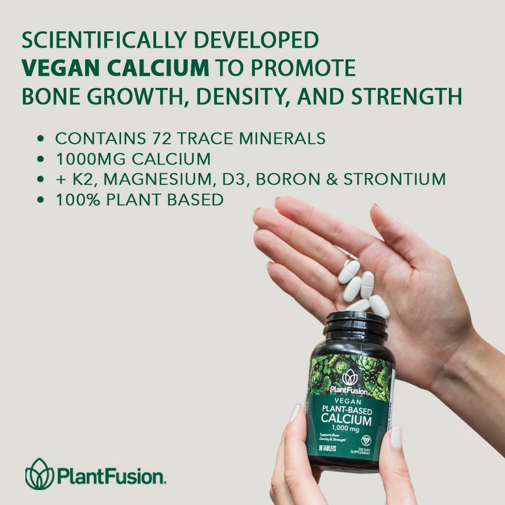 PlantFusion tablets closeup highlighting vegan calcium tablets for plant-based wellness