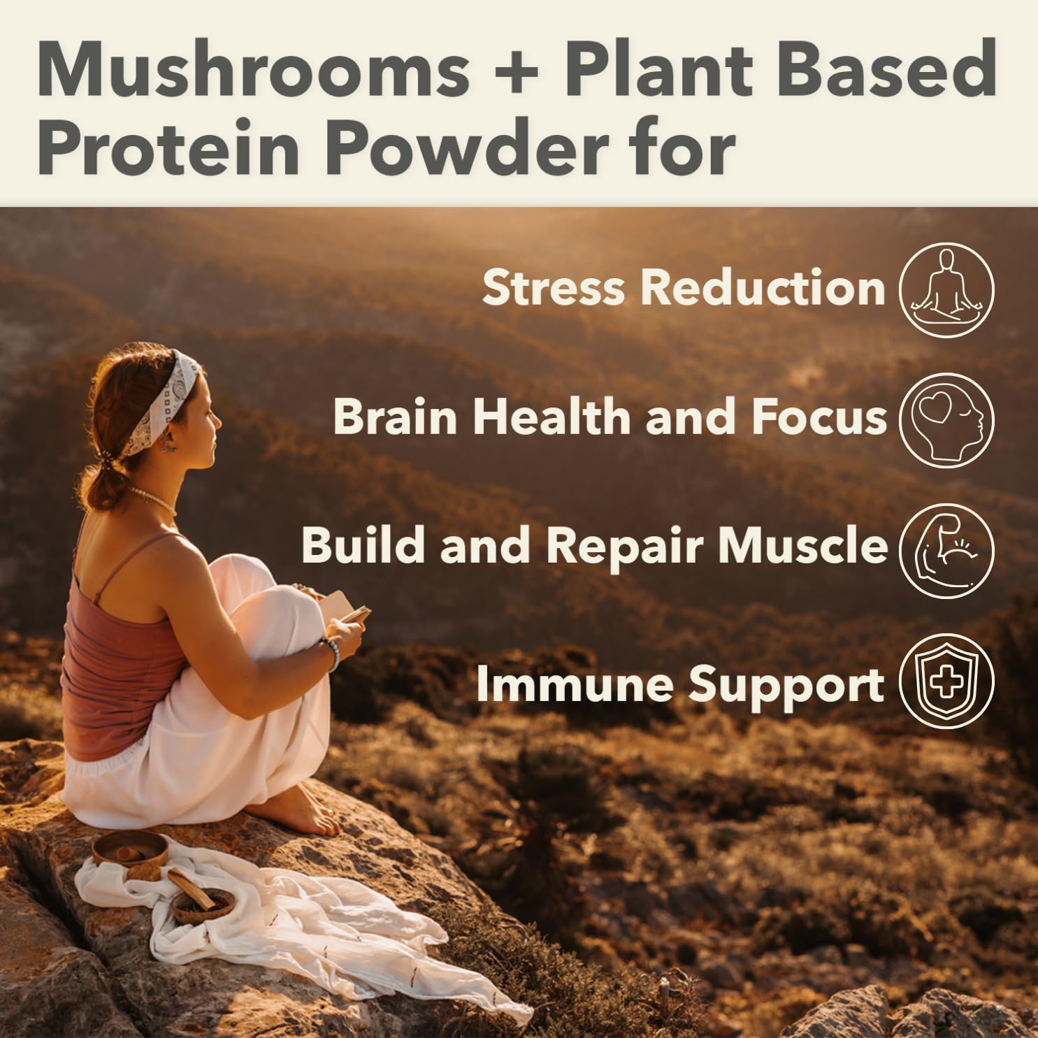 Close-up of the ten-mushroom blend showing diverse mushroom ingredients in PlantFusion formula.
