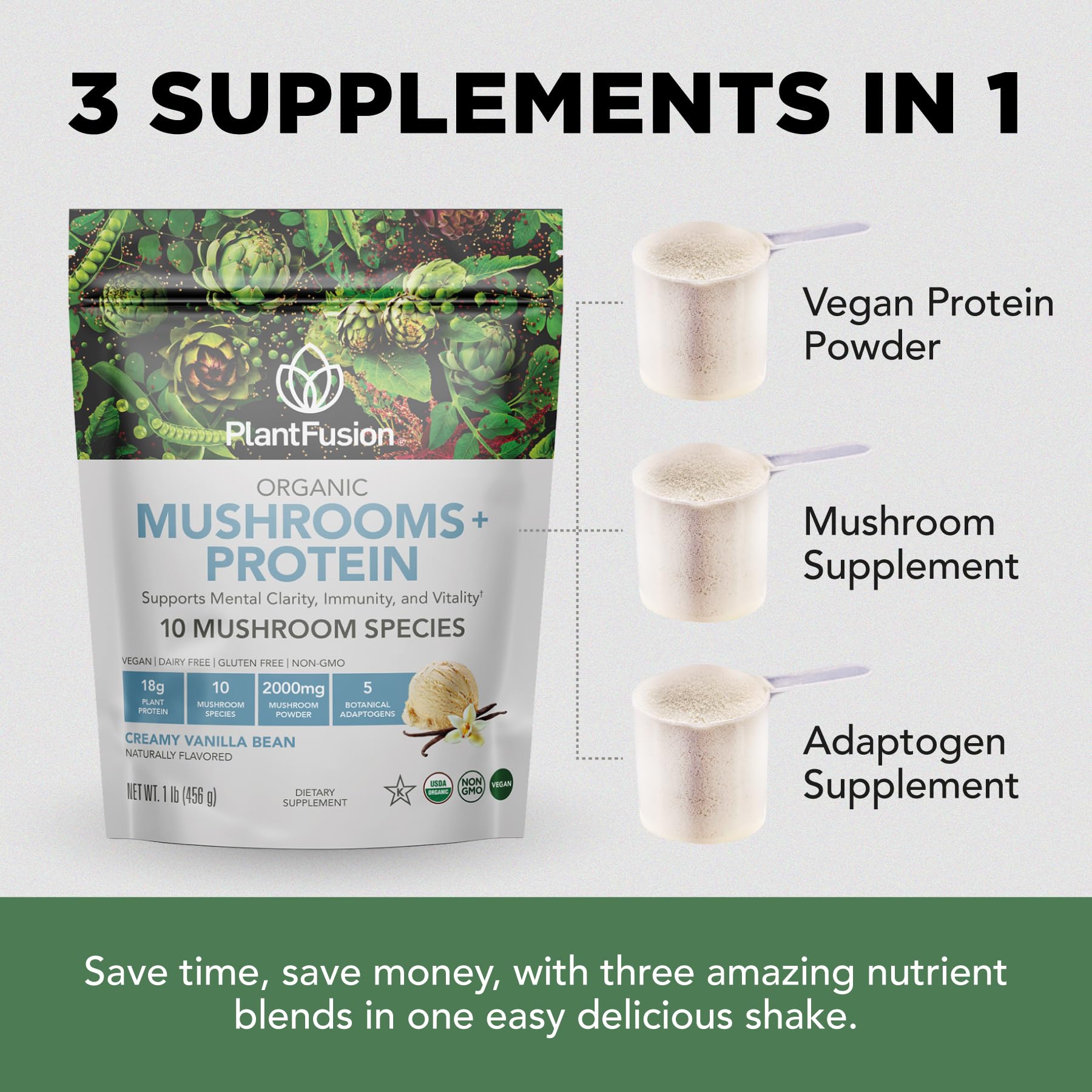 Pouring vanilla powder into a glass for a creamy smoothie with PlantFusion.