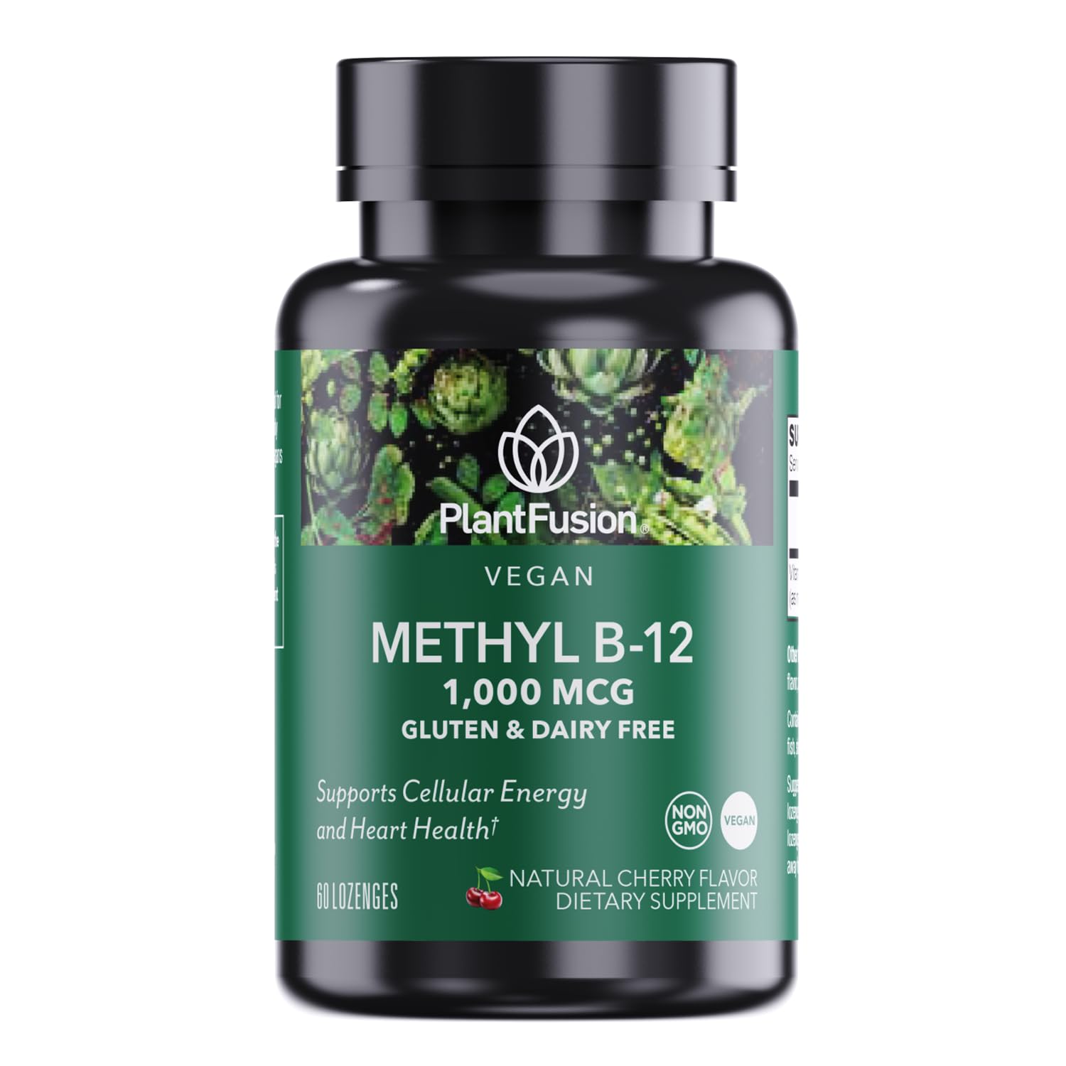 PlantFusion vegan B12 methyl lozenge bottle with cherry flavor for daily energy support.