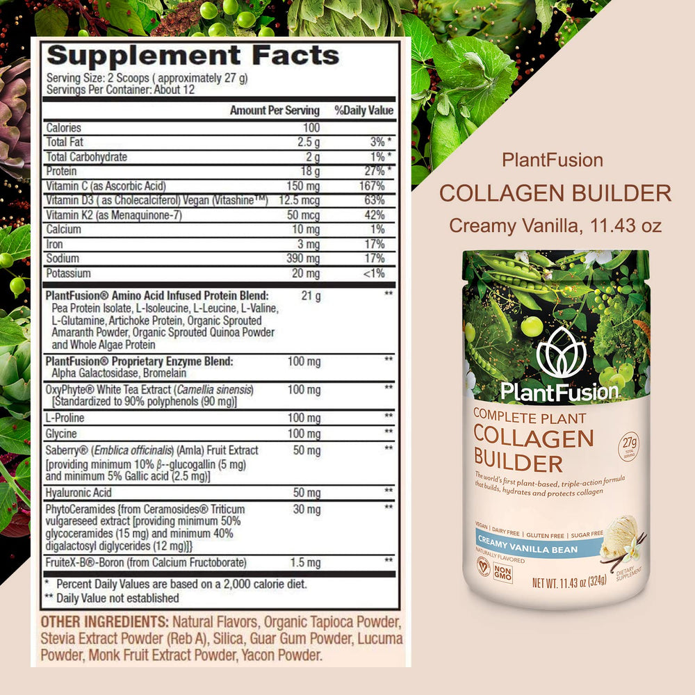 PlantFusion blender with smoothie featuring vanilla collagen powder.