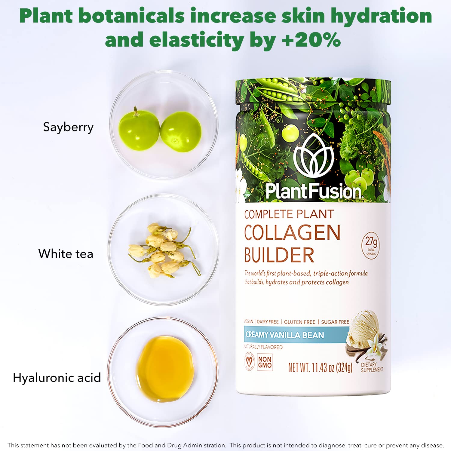 PlantFusion vegan collagen powder non-GMO kosher certification close-up.