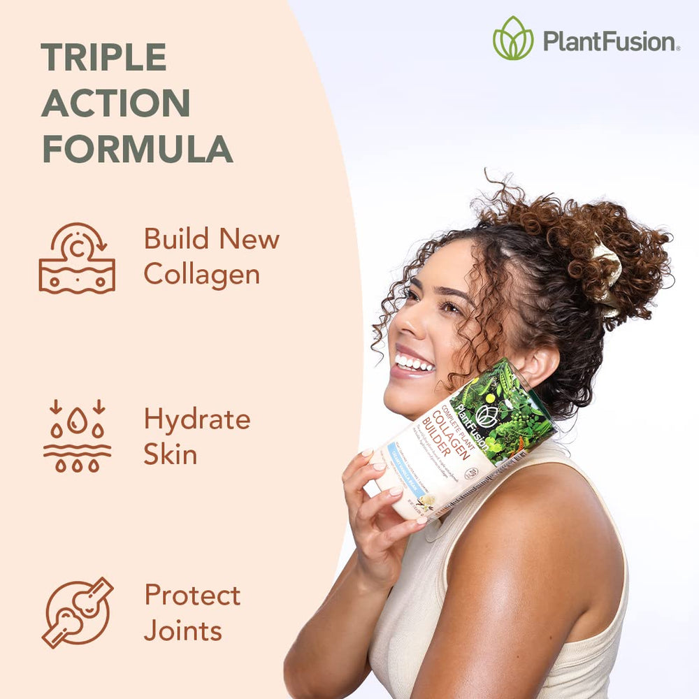 PlantFusion vegan collagen powder scoop pouring into glass ideal for smoothies.