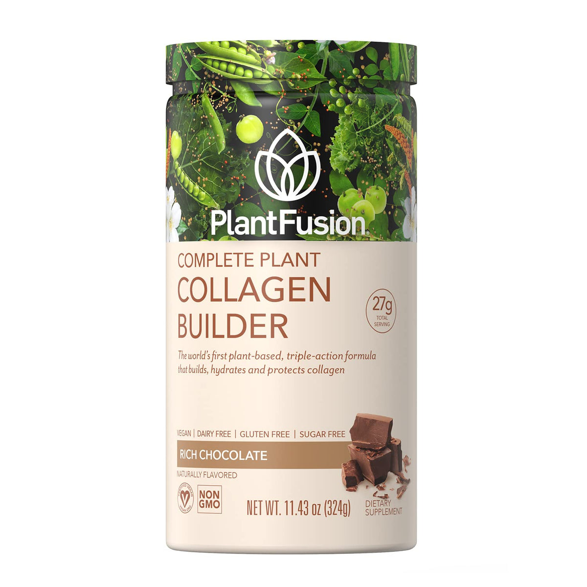 PlantFusion vegan collagen powder tub front with chocolate flavor and clean ingredients.