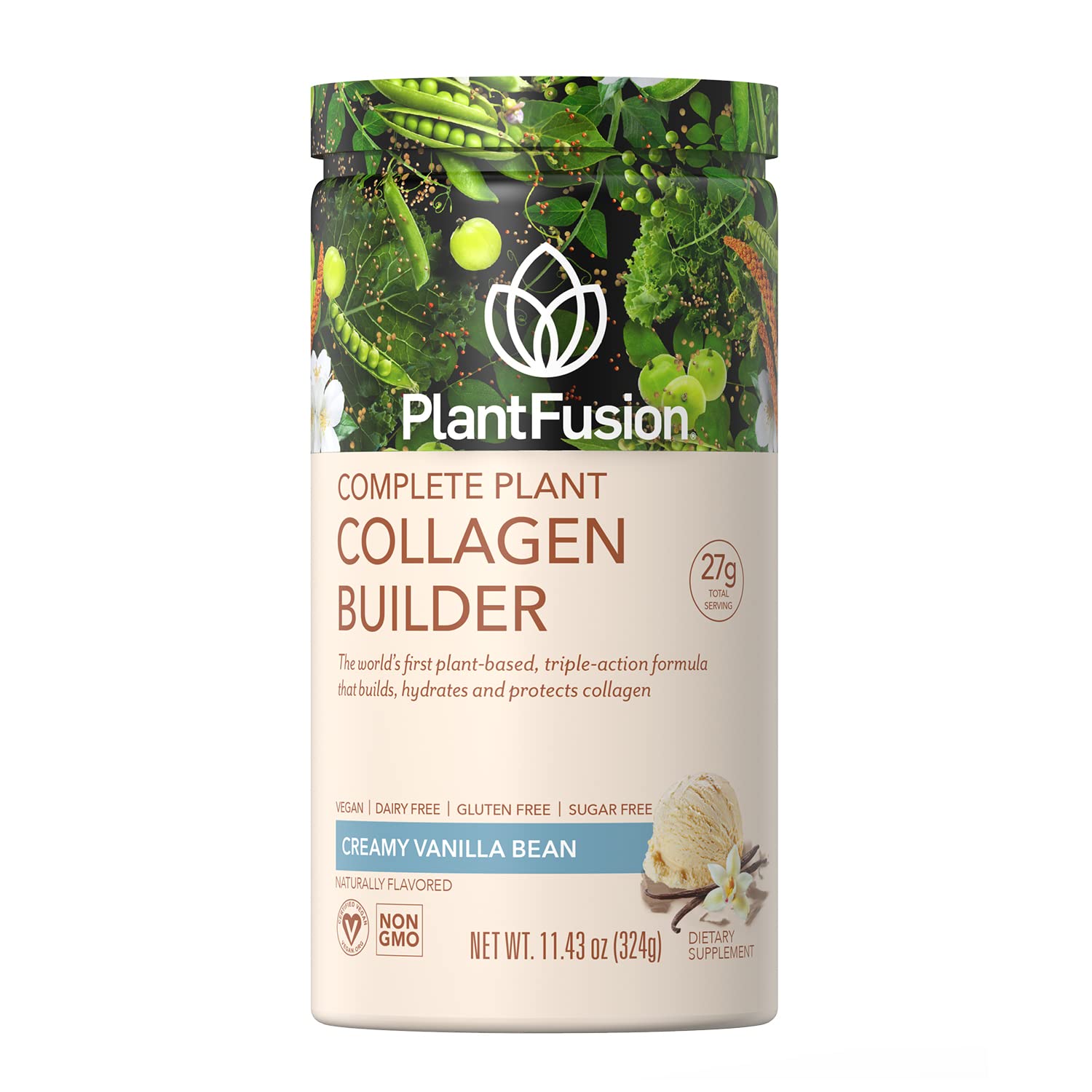 PlantFusion vegan collagen powder front label on jar showcasing vanilla flavor and clean ingredients.