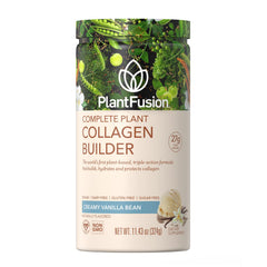 PlantFusion vegan collagen powder front label on jar showcasing vanilla flavor and clean ingredients.
