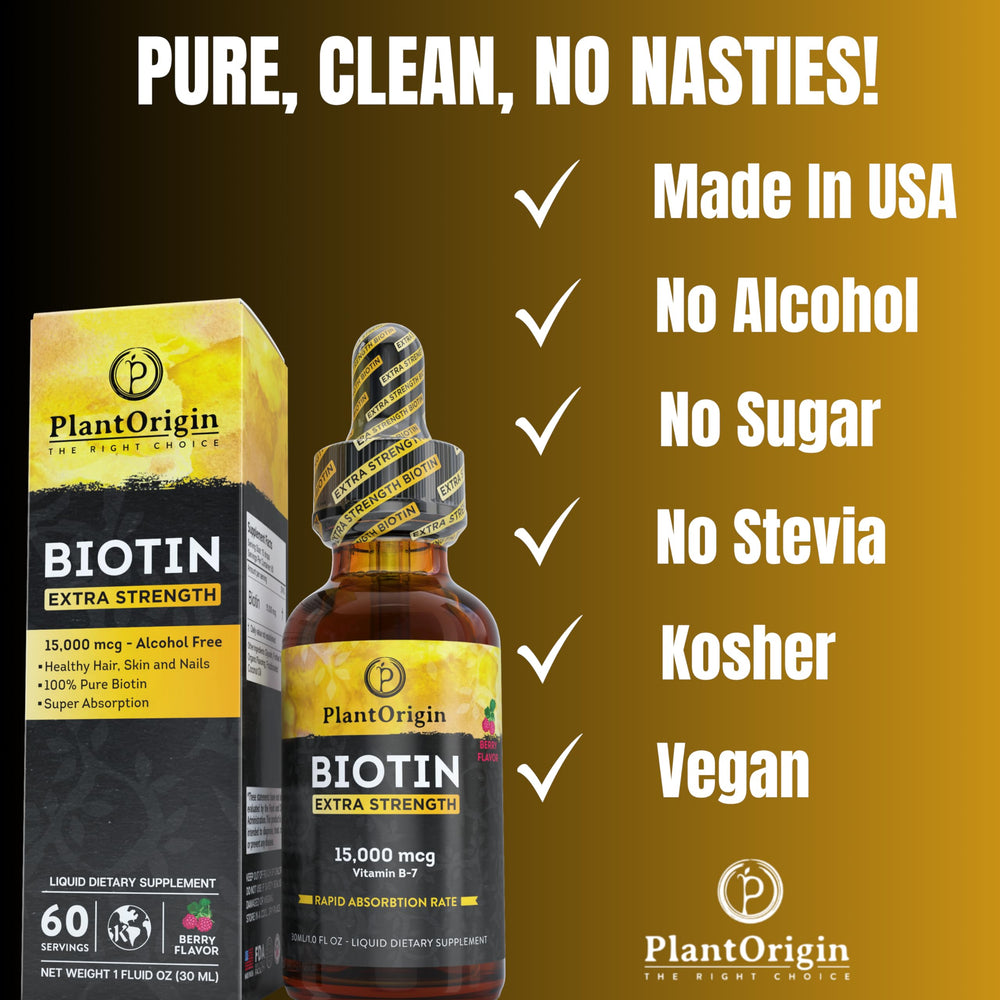 PlantOrigin 60-day supply Biotin Liquid demonstrates long-lasting wellness support for hair growth.