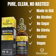 PlantOrigin 60-day supply Biotin Liquid demonstrates long-lasting wellness support for hair growth.
