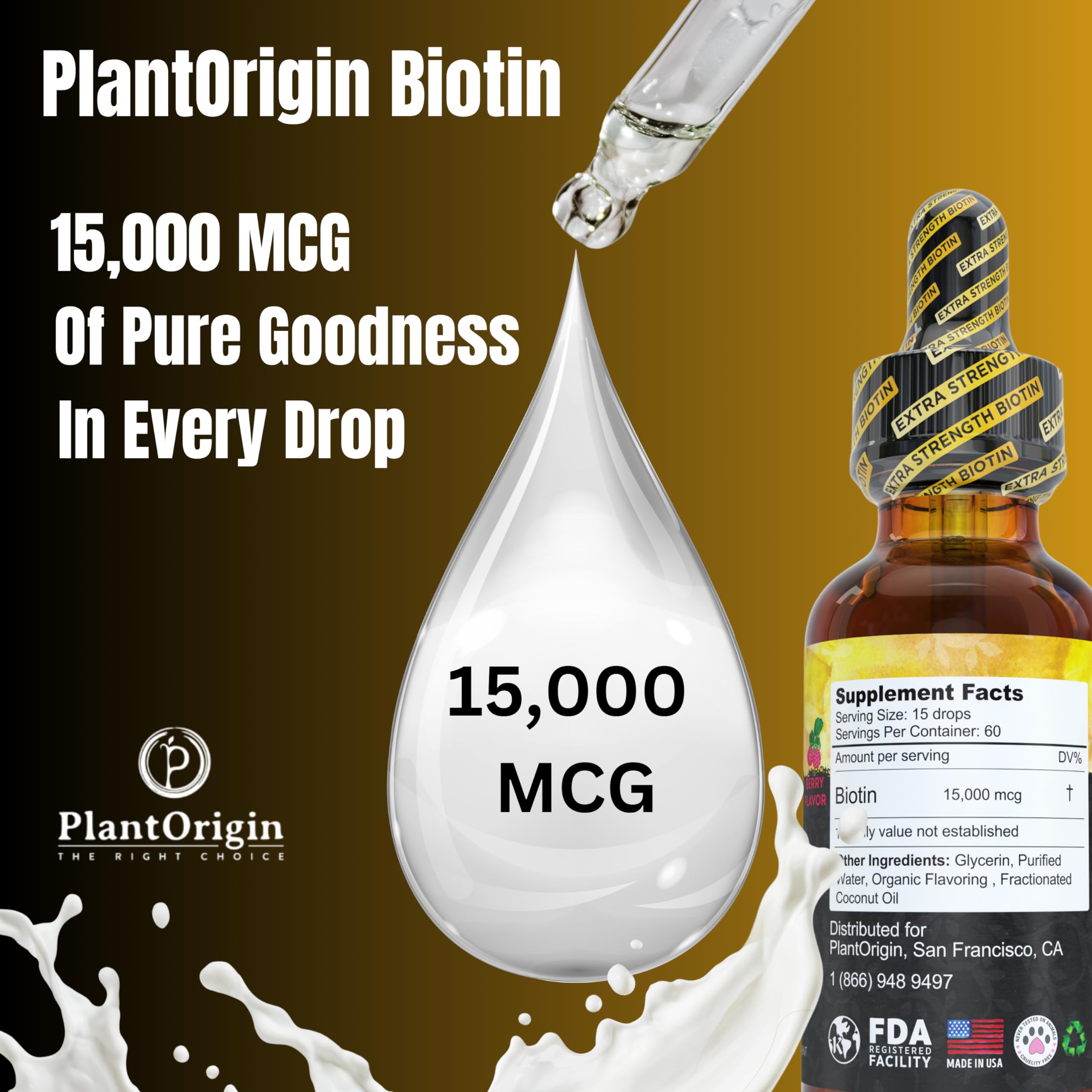 PlantOrigin Biotin Liquid Berry Flavor pour emphasizes tasty, sugar-free supplement for skin hydration.