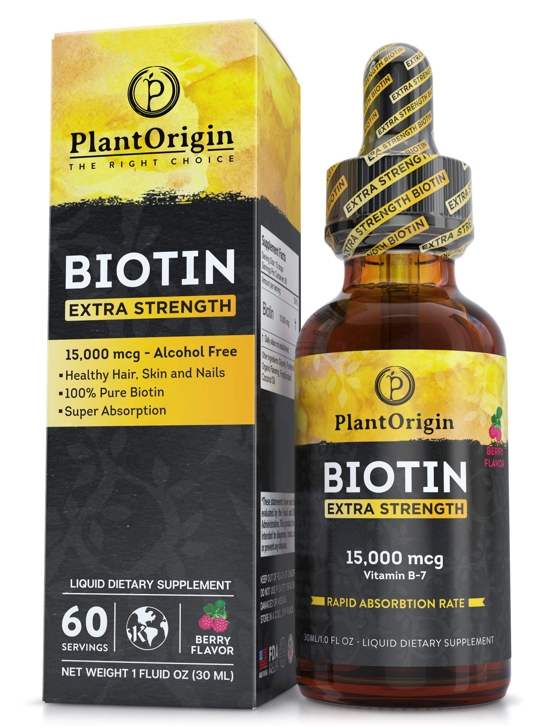 PlantOrigin Extra Strength Biotin Liquid bottle highlights high potency for hair and nails support.