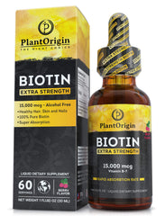 PlantOrigin Extra Strength Biotin Liquid bottle highlights high potency for hair and nails support.