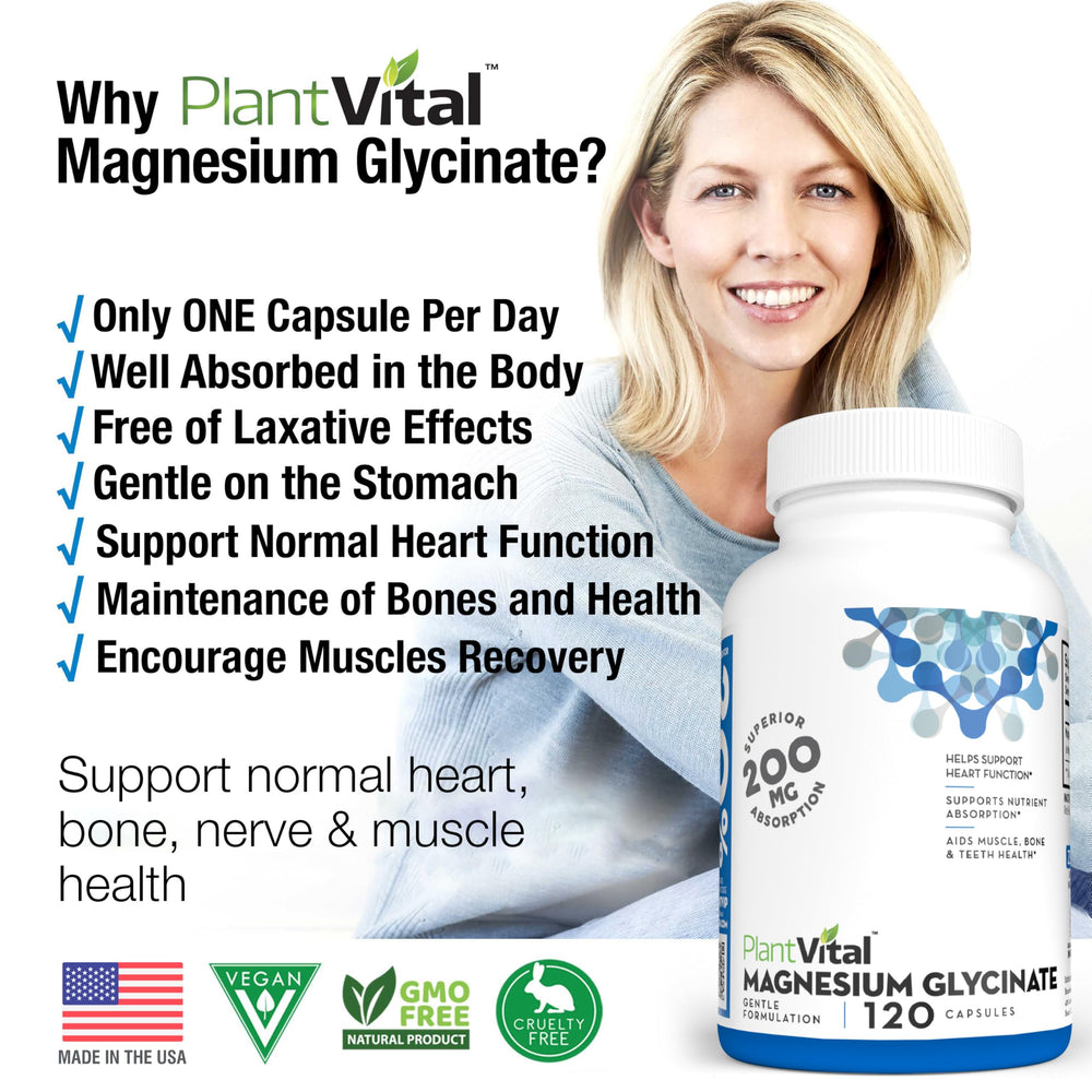 PlantVital Magnesium Glycinate label detail emphasizes gluten-free purity.