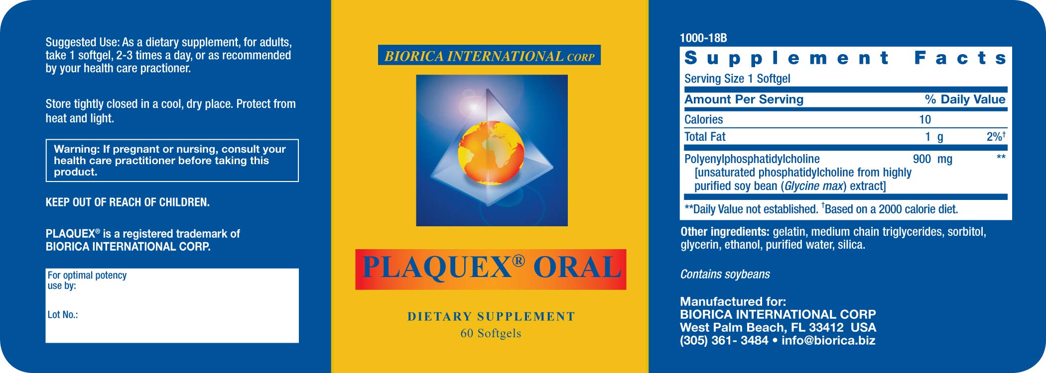 Packaging of Plaquex Oral softgels highlighting German-made non-GMO soy formula