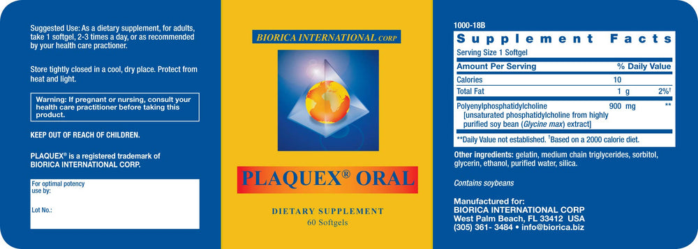 Packaging of Plaquex Oral softgels highlighting German-made non-GMO soy formula