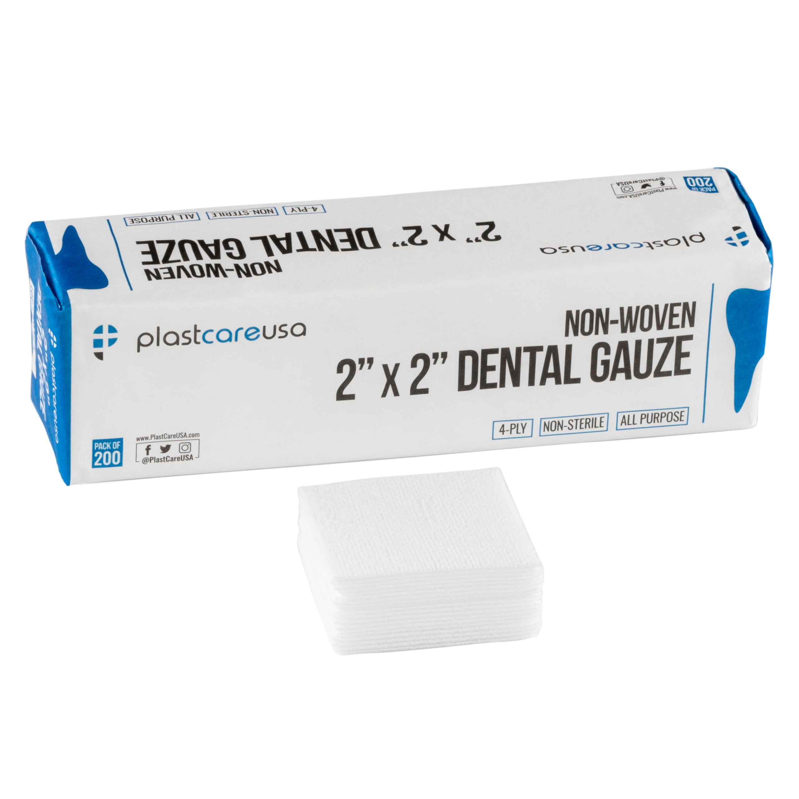 PlastCare USA 2x2 gauze pad close-up shows soft non-woven 4-ply texture for comfort.