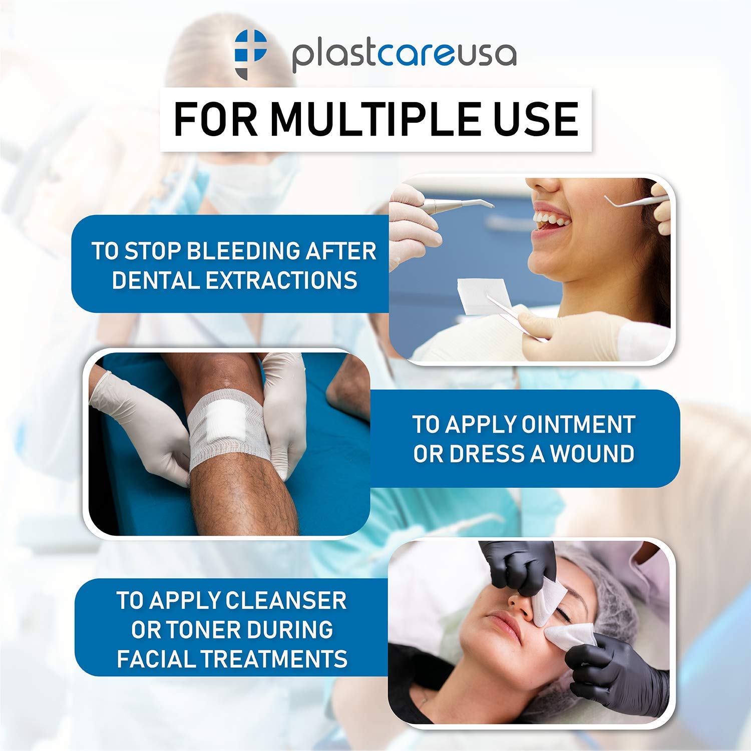 PlastCare USA non-woven gauze squares in bulk pack for clinics and reliable care.
