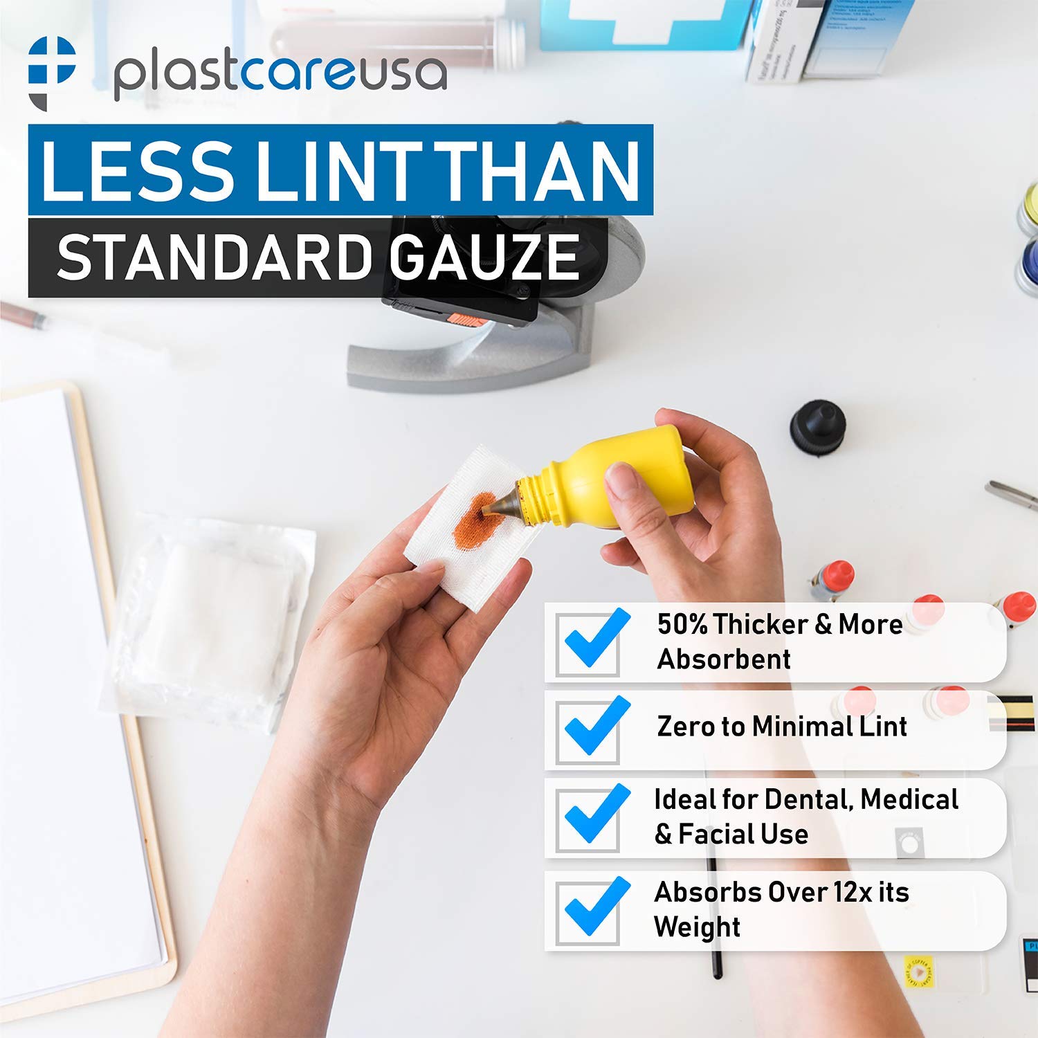 PlastCare USA soft 4-ply gauze sponge texture highlighting absorption for dressings.