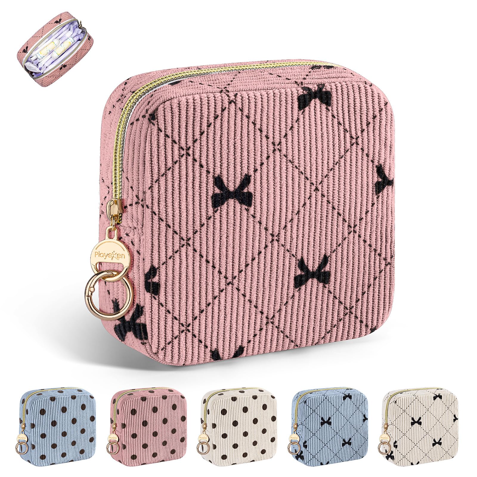 Playexen bolsa de periodo pana rosa lazo ofrece almacenamiento discreto para compresas.