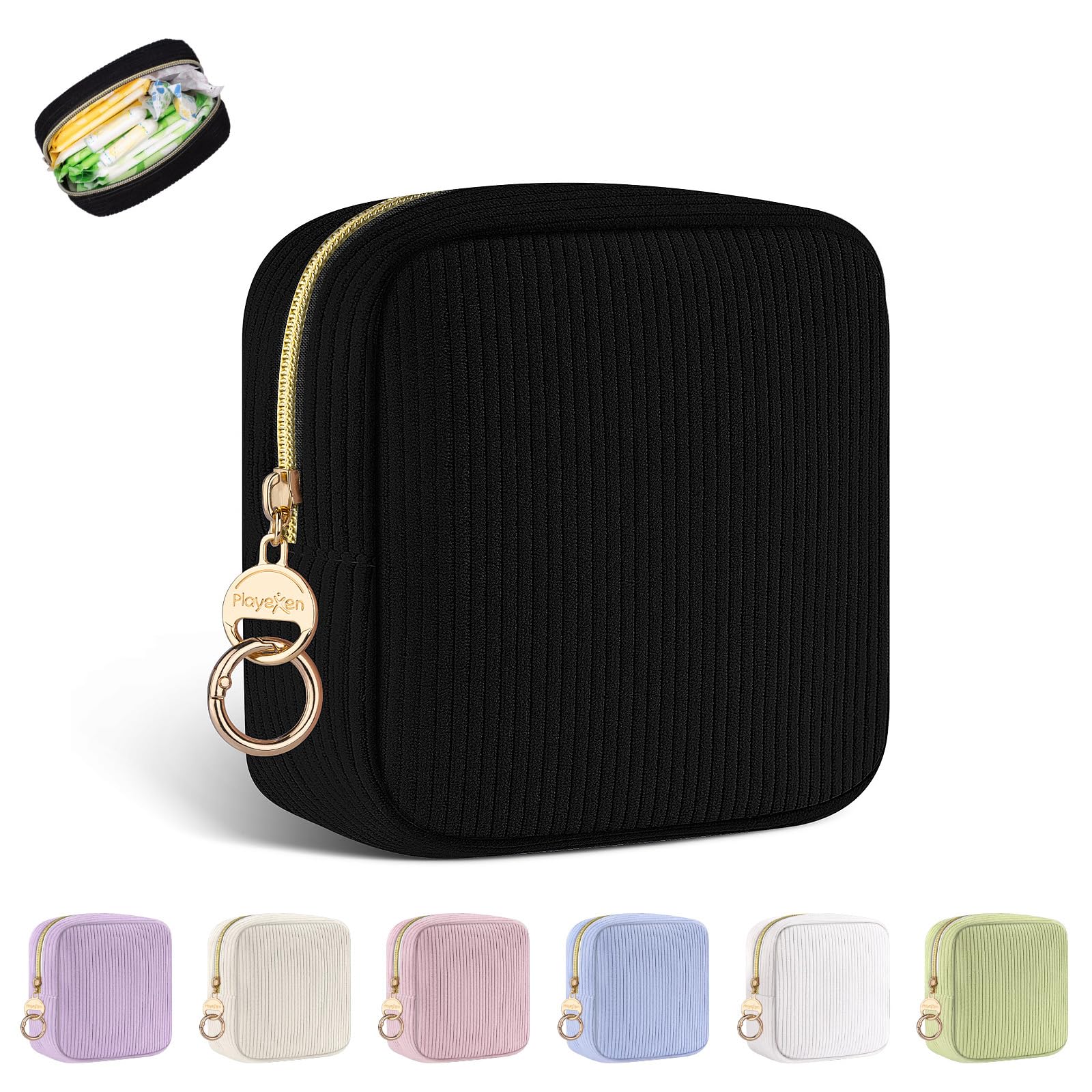 Playexen period bag in black corduroy, front view for discreet storage on the go and privacy.