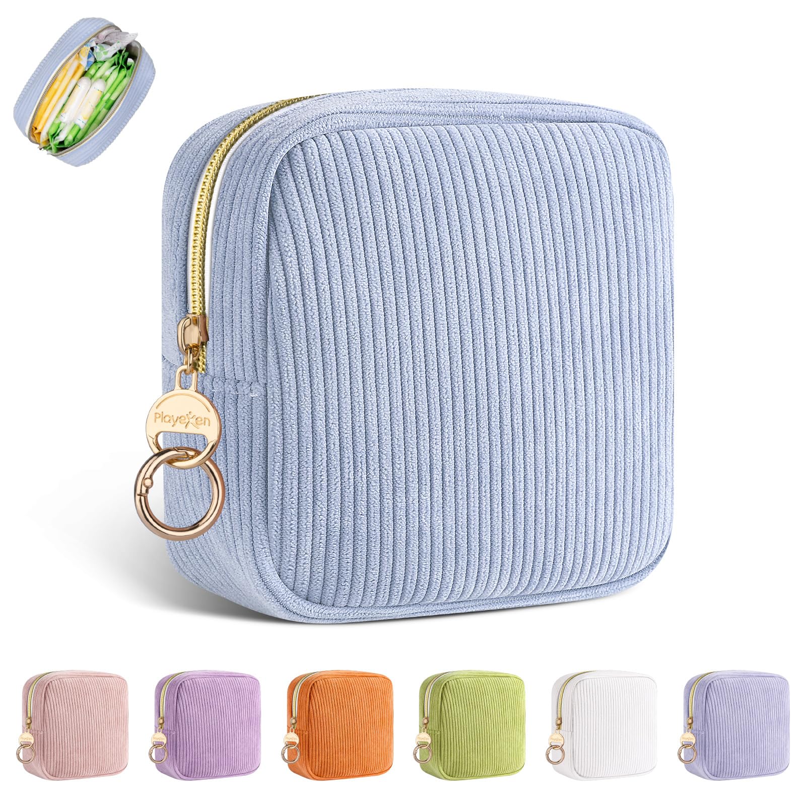 Playexen period bag blue corduroy front view for discreet storage on the go.