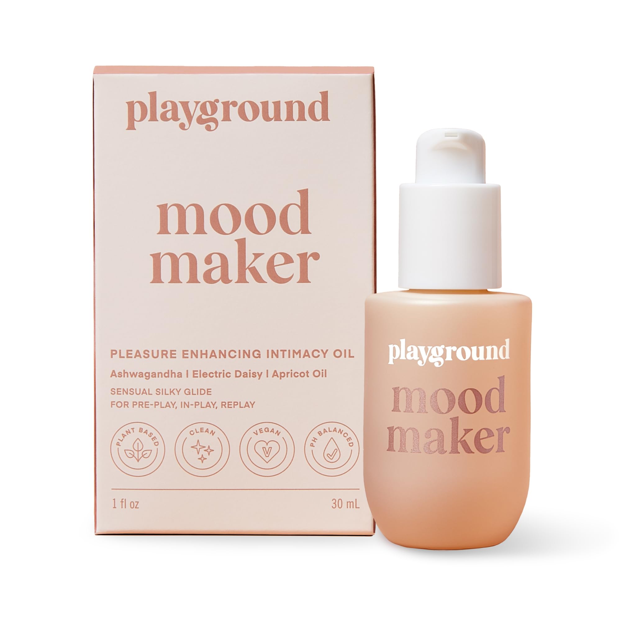Playground Mood Maker Intimacy Oil bottle-front with silky glide for foreplay.