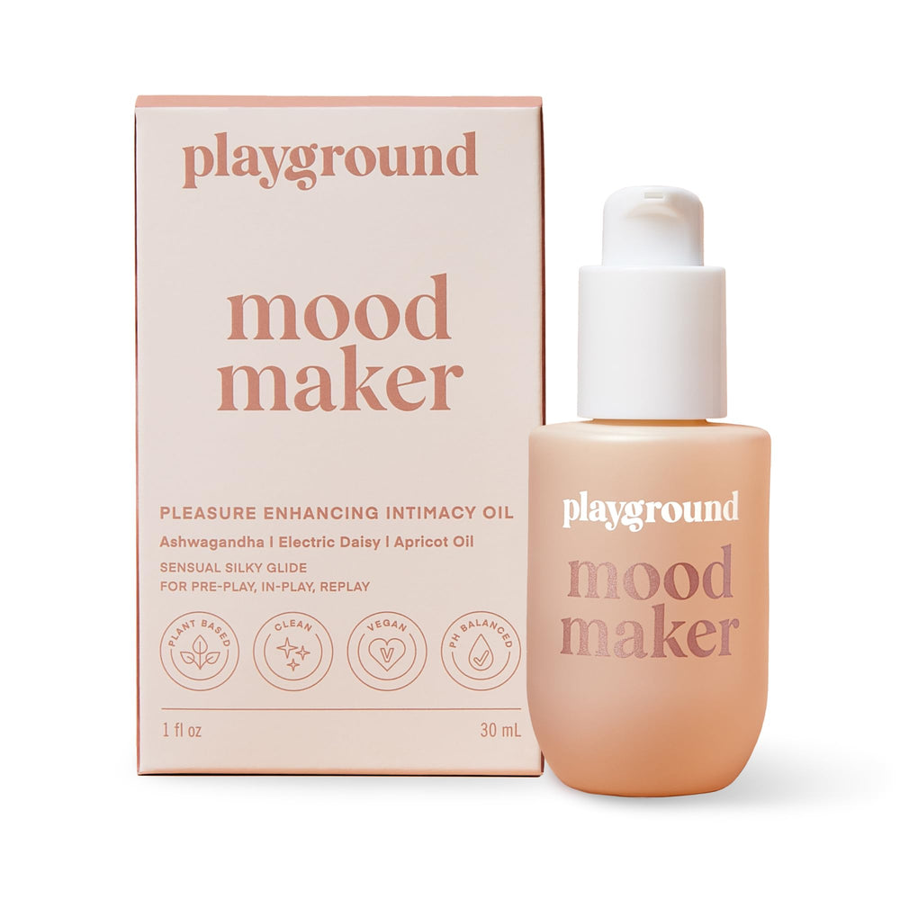Playground Mood Maker Intimacy Oil bottle-front with silky glide for foreplay.